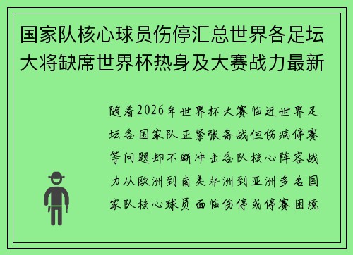 国家队核心球员伤停汇总世界各足坛大将缺席世界杯热身及大赛战力最新追踪